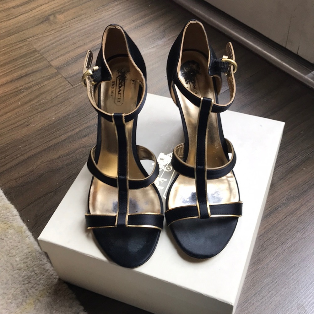 Coach Black Satin & Gold Leather Wedges